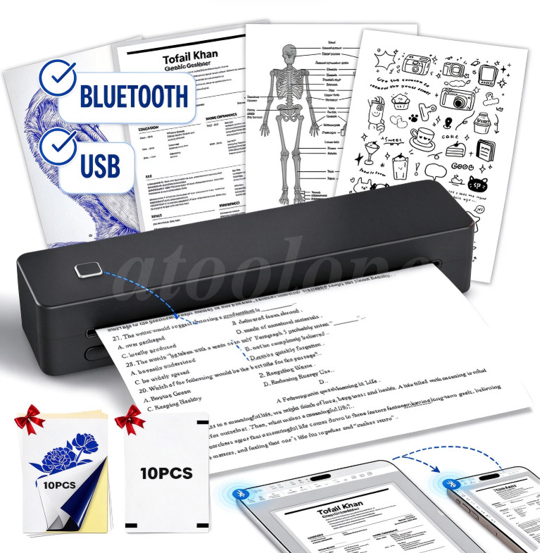 Wireless Bluetooth Printer Portable Thermal Printer for Travel iOS Android Black