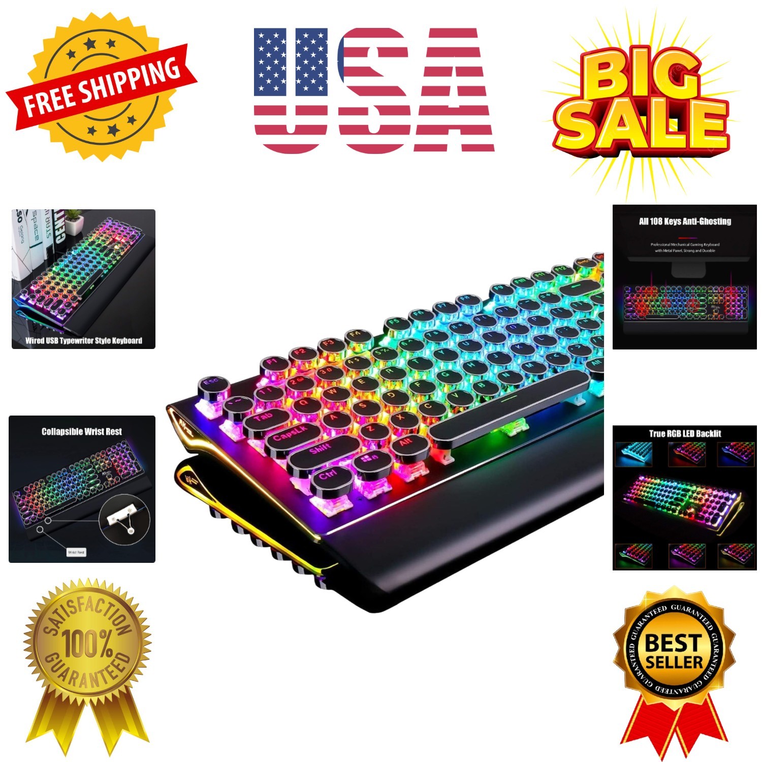 S108 Typewriter Keyboard, Retro Mechanical Gaming Keyboard Wired 108 Keys wit...