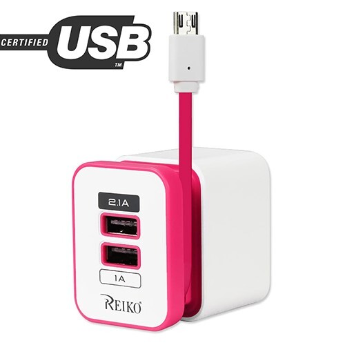 2-Port USB Portable Travel Adapter Hub Charger 2.1A/1A w/ Micro USB Cable Pink