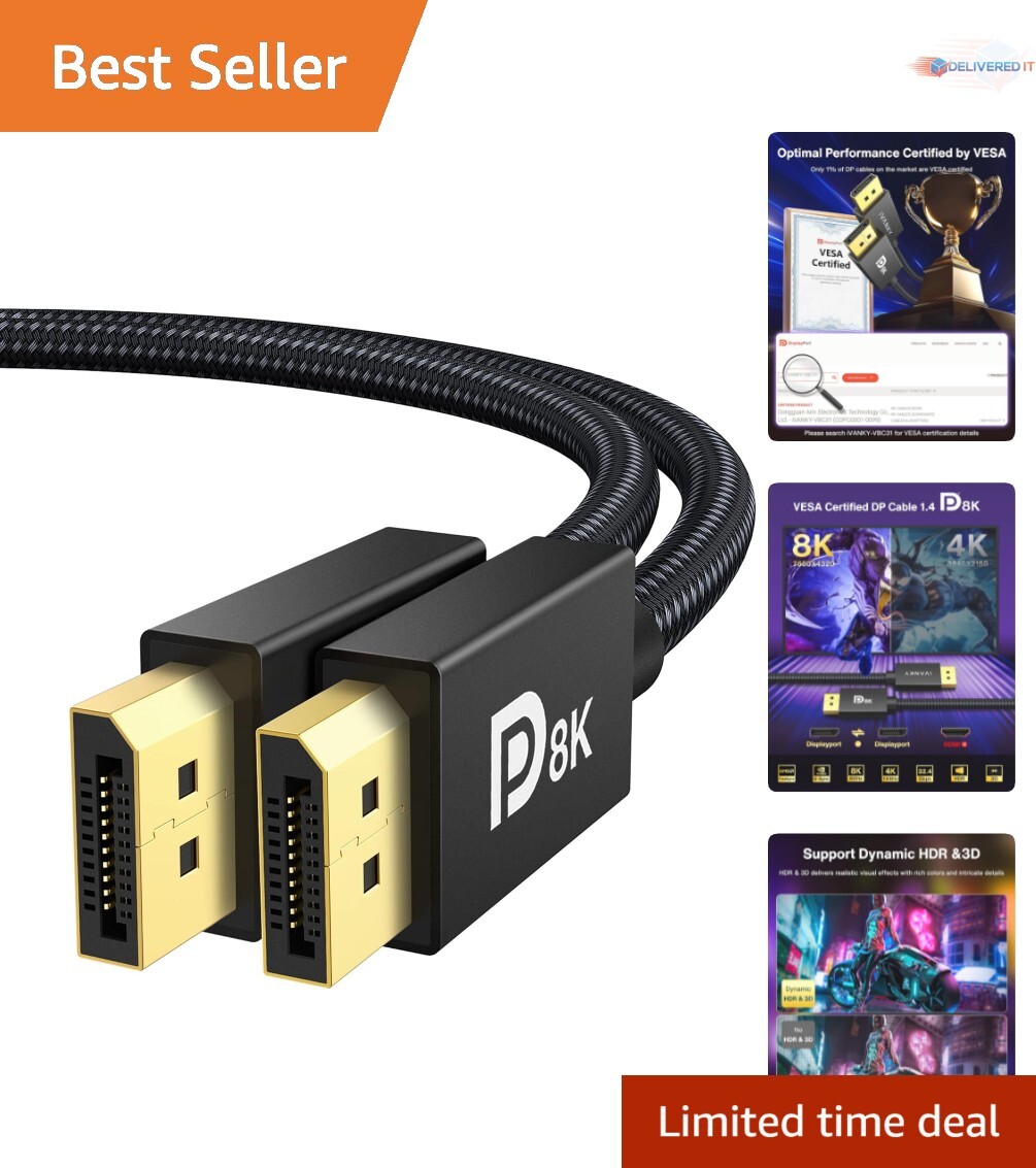 6.6ft VESA Certified 8K Display Port Cable for PCs & High Refresh Rate Gaming
