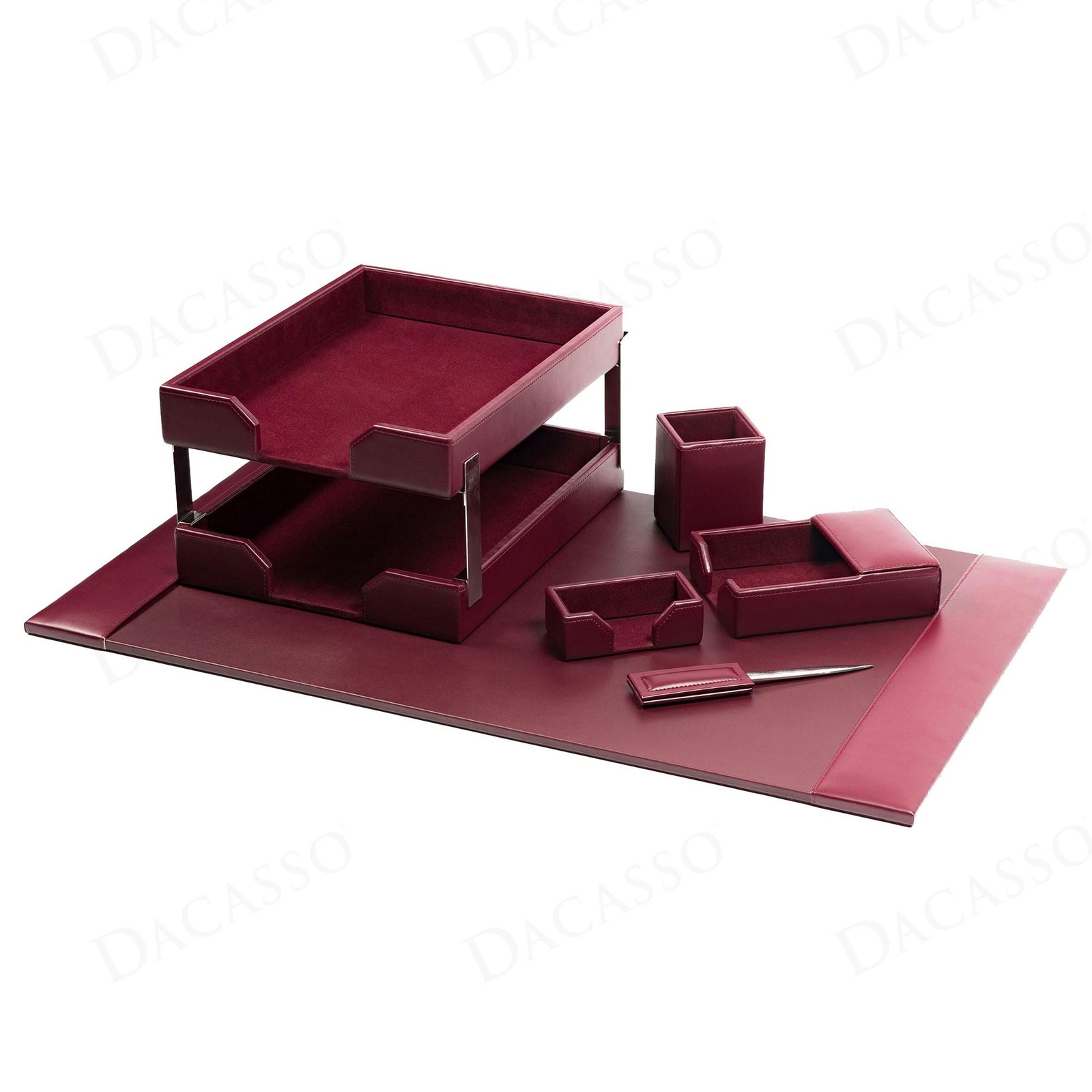 Desk Accessory Set 8 Piece Burgundy Bonded Leather Blotter Pad DF-5203 Dacasso