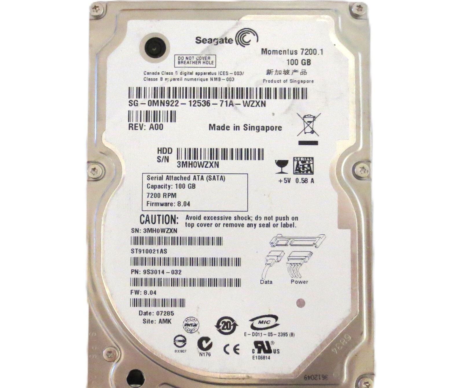 Seagate ST910021AS 9S3014-032 8.04 AMK (3MH) Singapore 100gb Sata HDD 01/2007