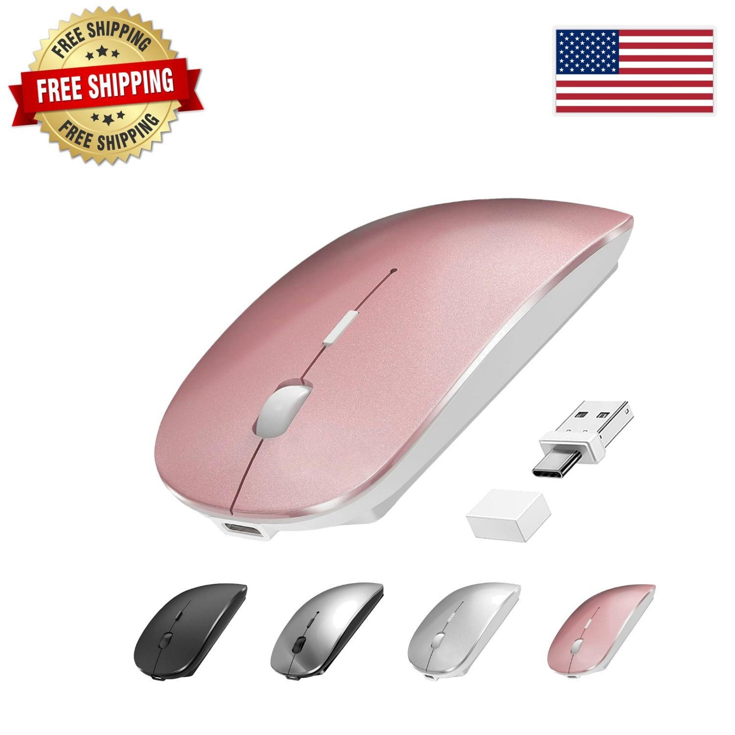 Elegant Bluetooth Wireless Mouse USB-C: Seamless Multi-Device Compatible, Ros...