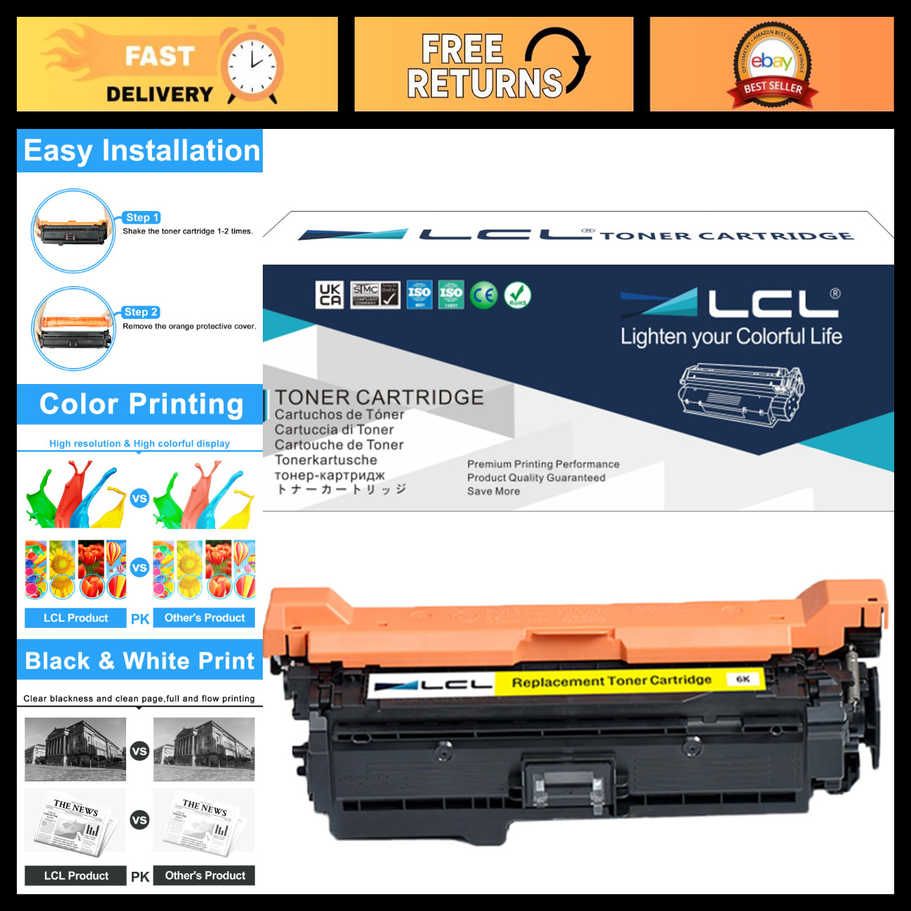 Yellow Toner Cartridge Replacement for HP 507A CE402A M551 M575 - 1 Pack, High Y
