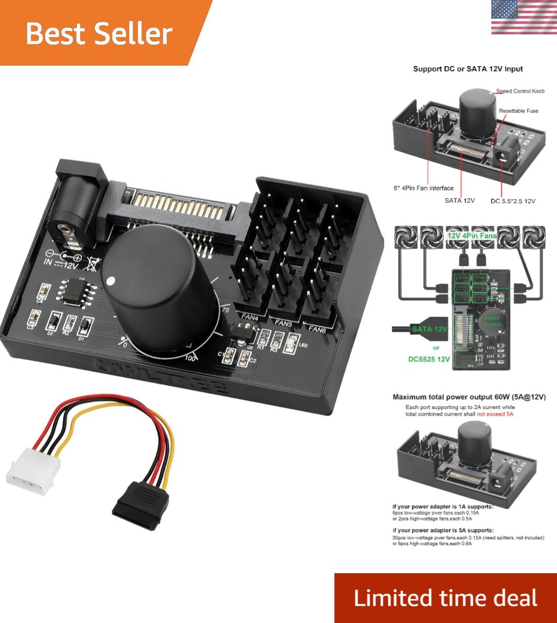 4 Pin 12V PWM Fan Controller 6 Fans Supported , PC Fan Adapter Hub Powered by...