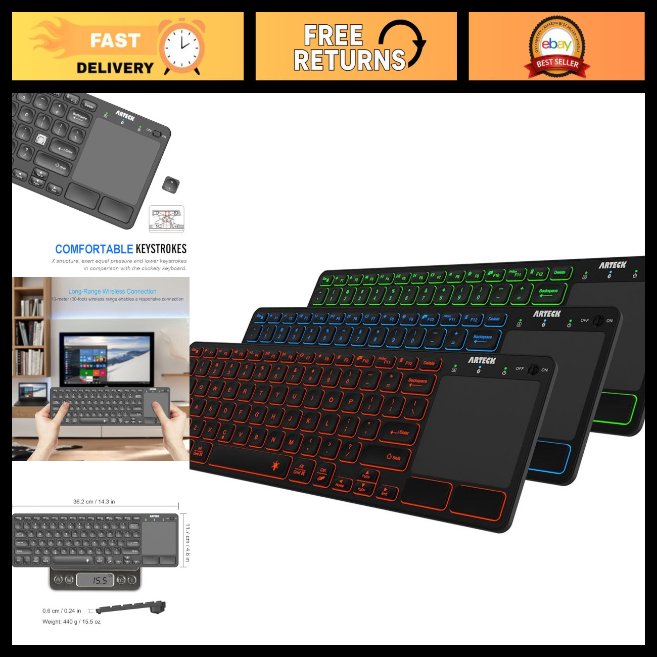 Universal Backlit Bluetooth Keyboard with Touchpad - 7 Colors, Media Control, Co