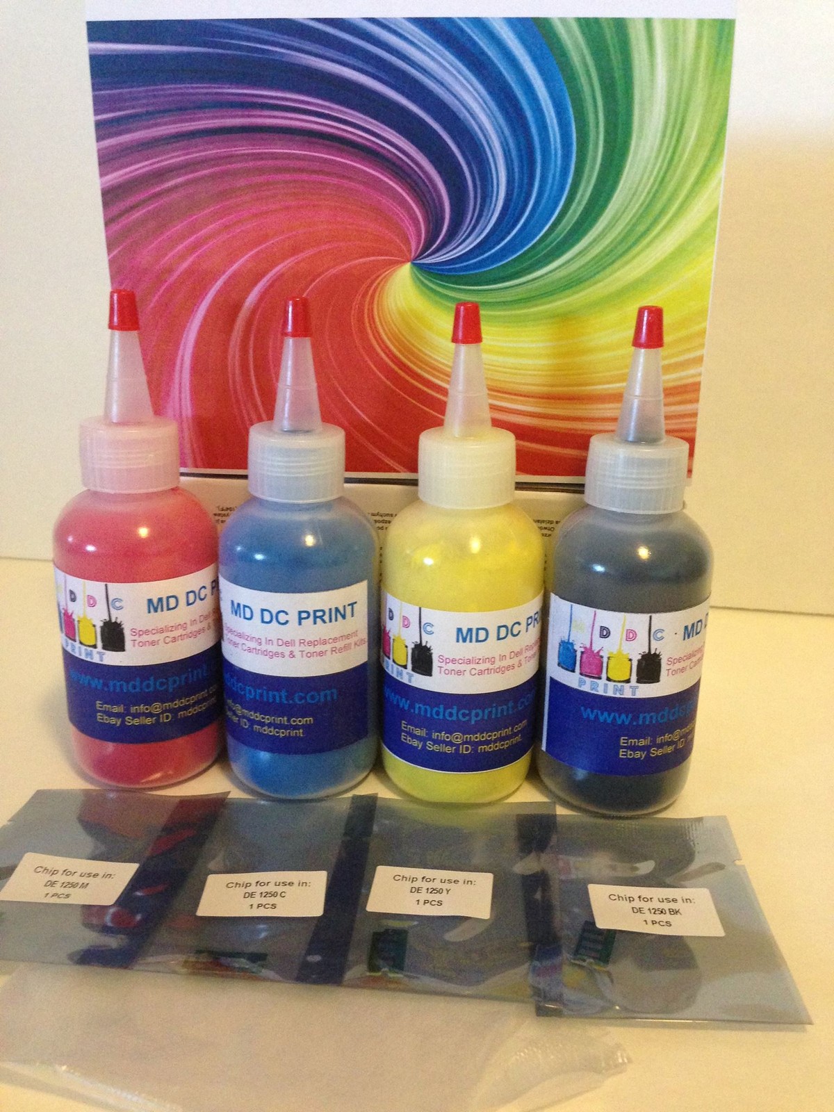 Dell 1250C Laser Printer CYMK Toner refill Kit + 4-Resetting Chips.