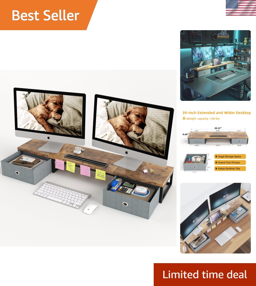 Heavy-Duty 39-Inch Dual Monitor Stand - Sleek Brown Organizer with Phone Holder