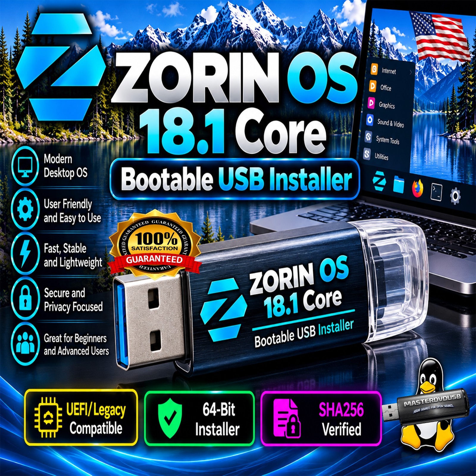 Zorin OS 18.1 Core Bootable USB Installer | UEFI/Legacy | 64-Bit | SHA256