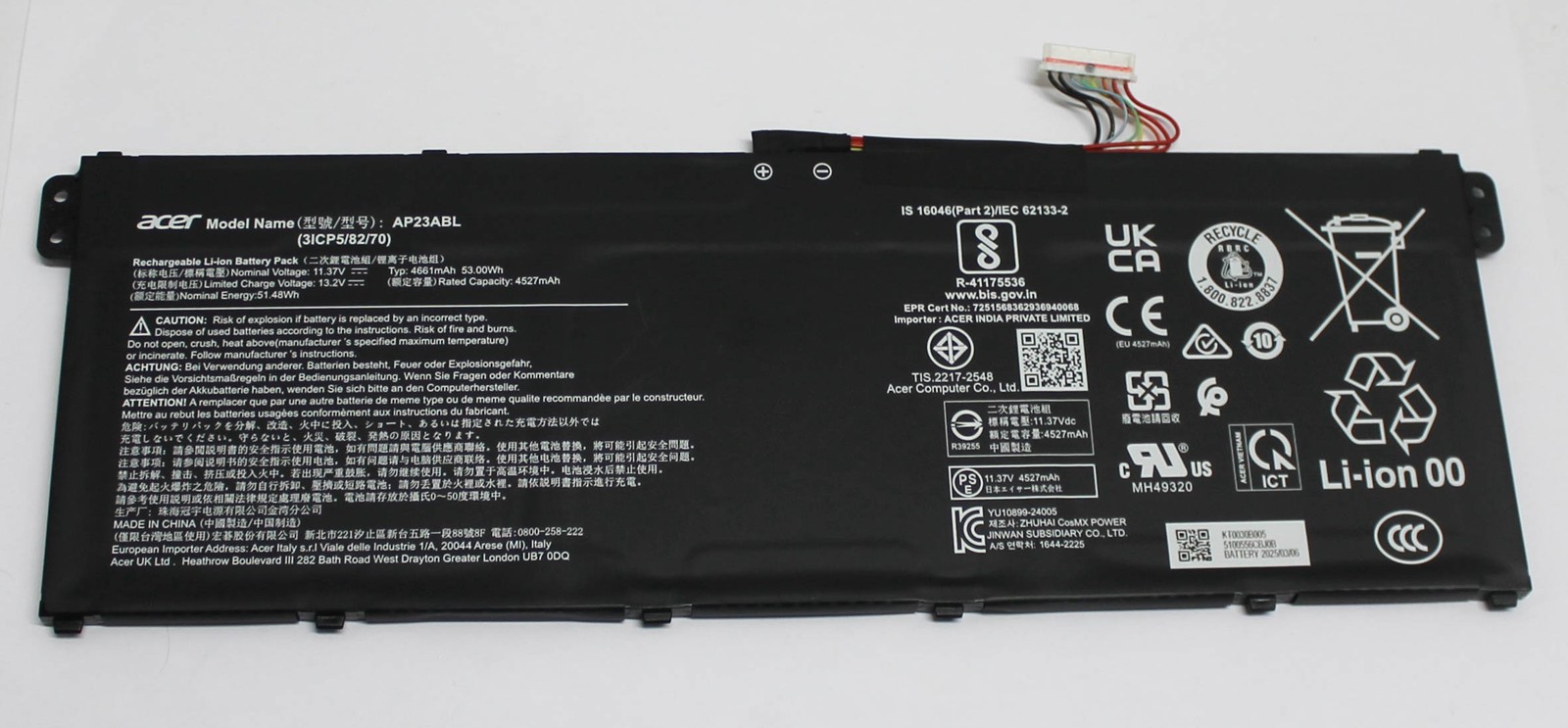 AP23ABL ACER BATTERY 53WH 4661MAH 11.37V 3S1P CHROMEBOOK PLUS 514 GRADE A