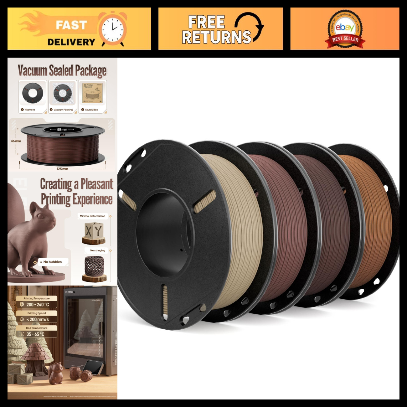 Wood PLA 3D Printer Filament Bundle 1.75mm - 250g Spools, 4 Rolls for Printing