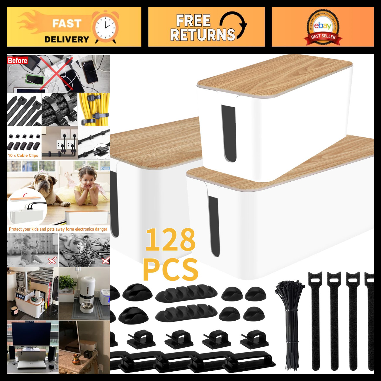 128PCS Cable Management Kit - 3Pack Wire Organizer Box, Cord Hider for Home & Of