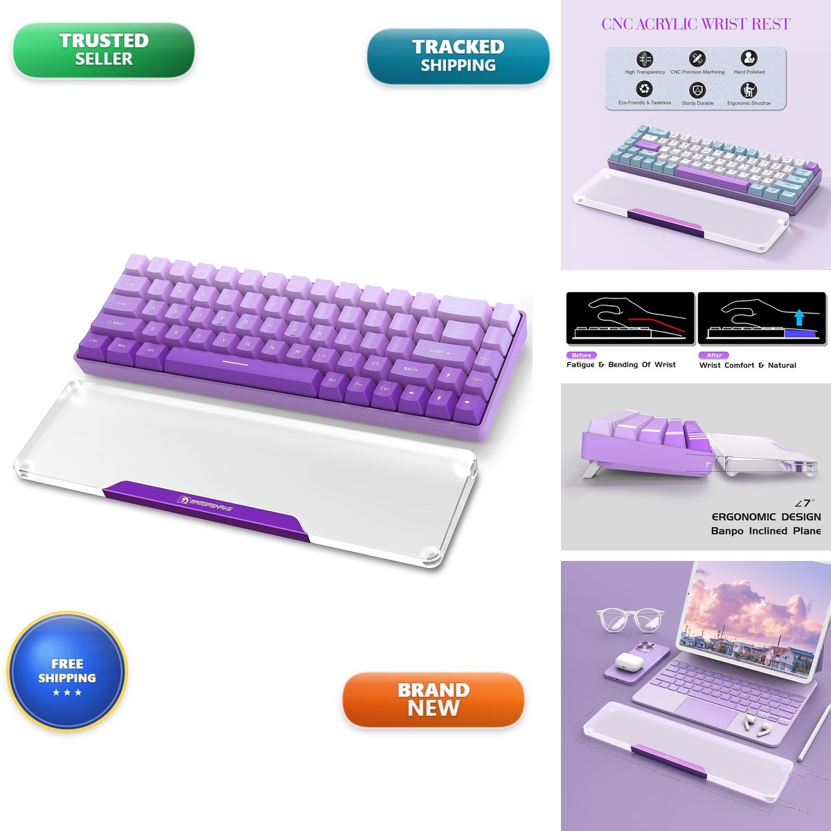 SELORSS Acrylic Keyboard Wrist Rest for 60% Compact Keyboard - Purple