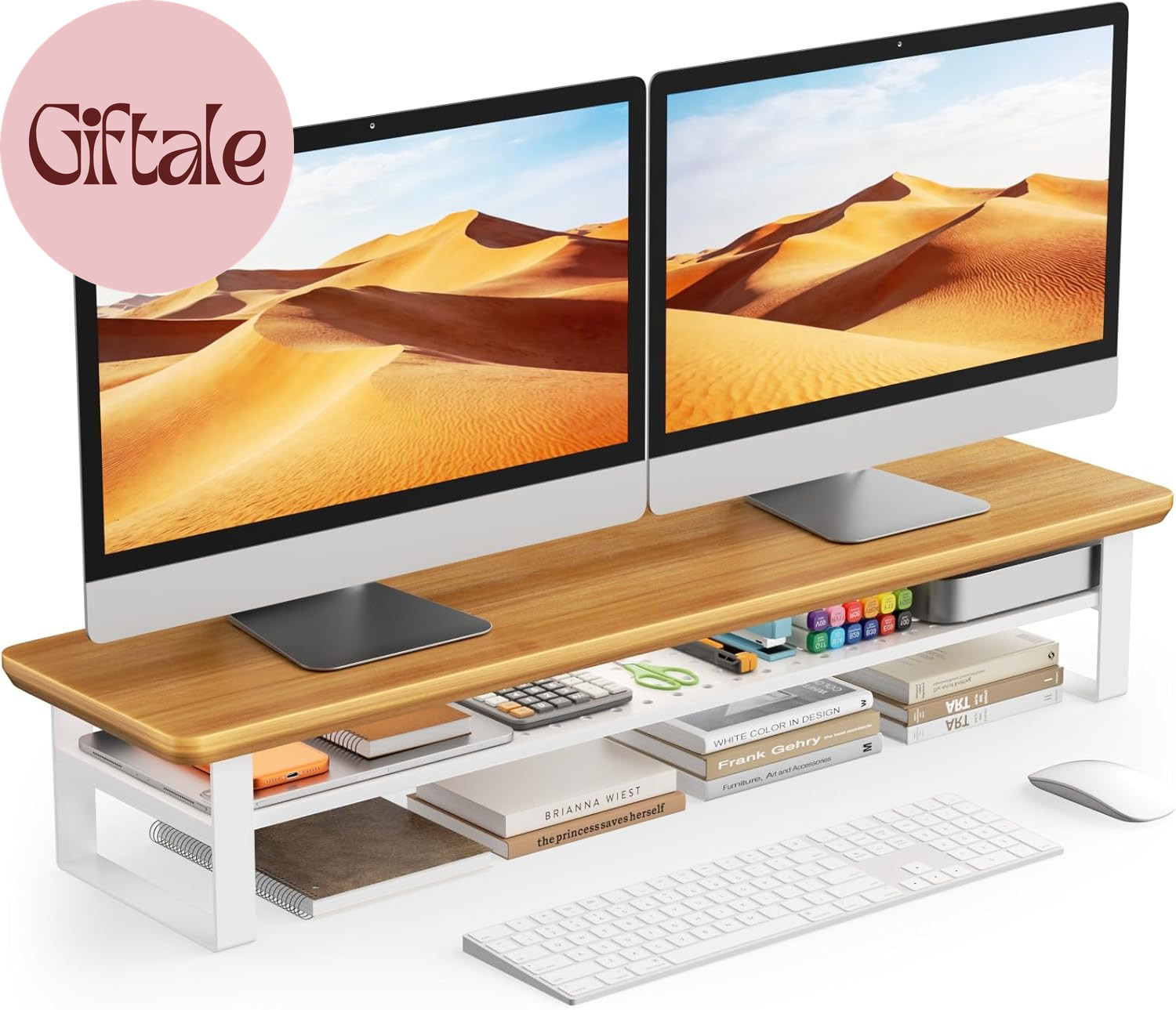 Dual Monitor Stand, 35.4 Inch Monitor Stand Riser for 2 Monitors, 2 Tiers Wood D