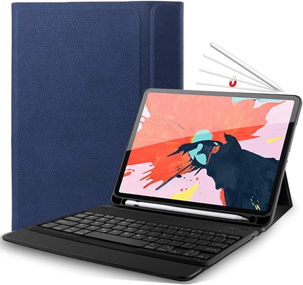 iPad Pro 12.9 Keyboard Case Blue Pencil Holder Ultra Slim PU Leather