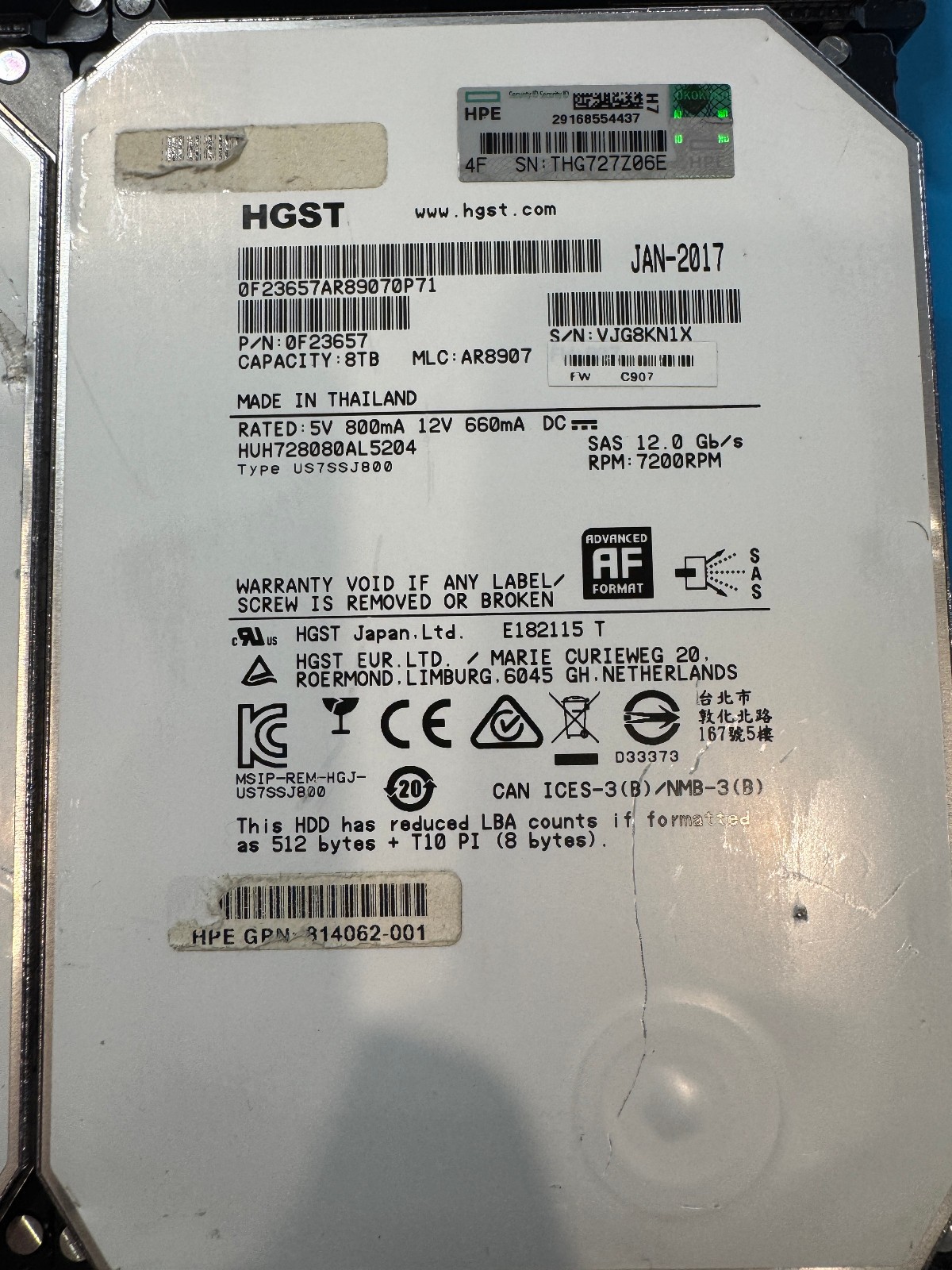 HPE Branded HGST 8TB SAS 12Gbps 7.2K 3.5" HDD