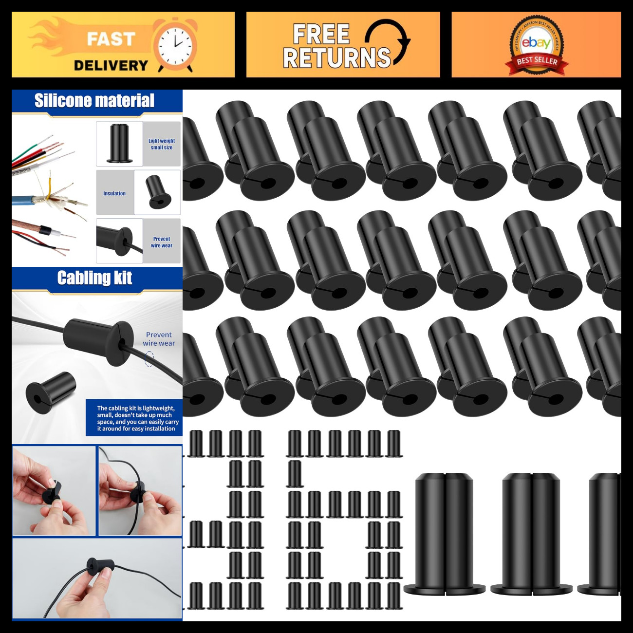 96pcs Wall Grommets for Cables, 3/4 Inch Cable Pass Through Bushing, Black Silic