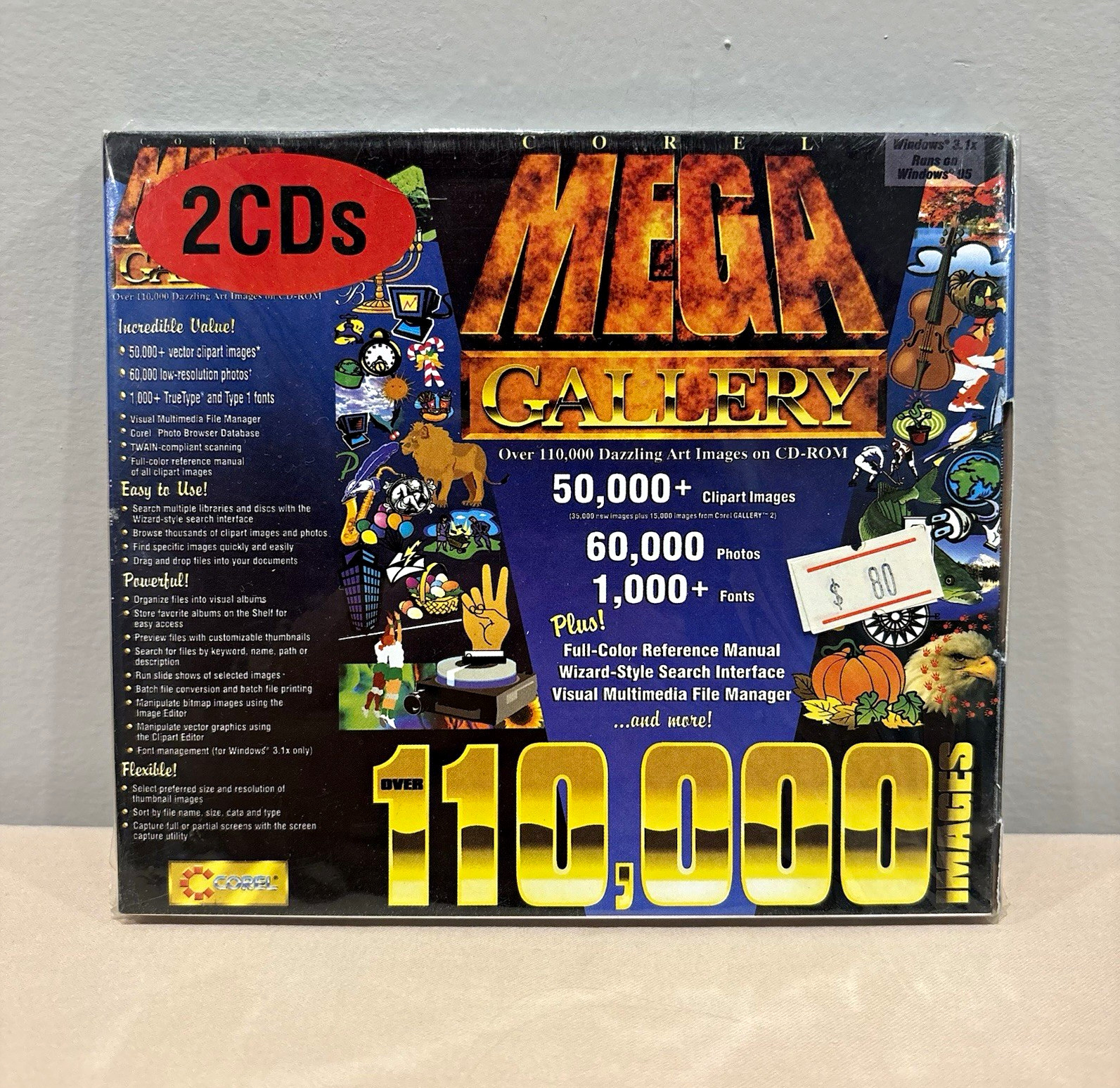 SEALED Corel Mega Gallery Clip Art CD-ROM (2 CDs) Windows 3.1/95 90s Software