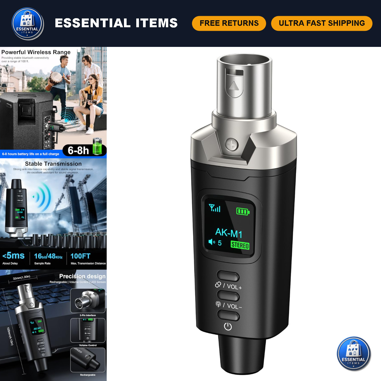 High-Fidelity XLR Bluetooth Receiver - Wireless Audio Adapter, 100ft Range, Ster