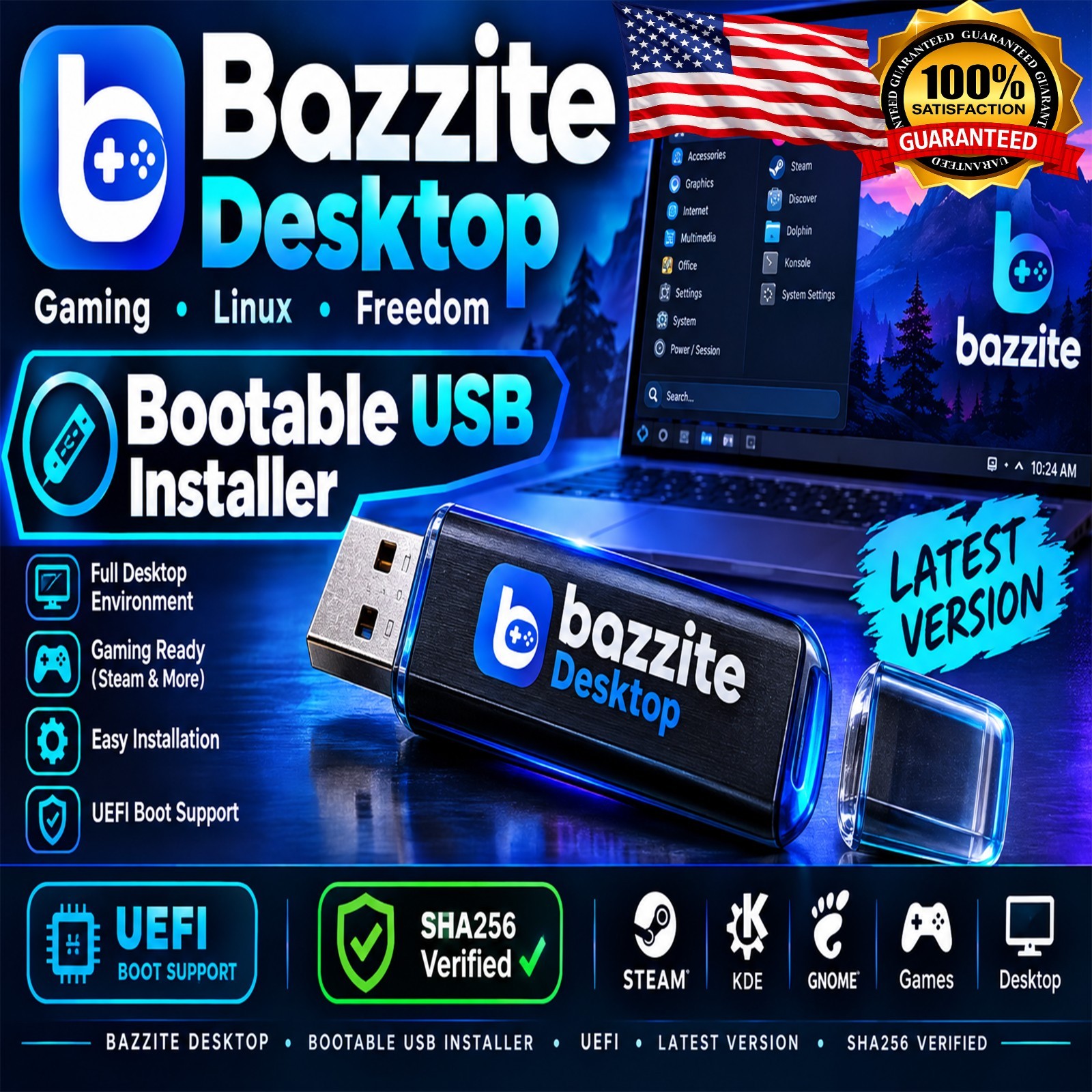 Bazzite Desktop Bootable USB Installer | UEFI | Latest Version | SHA256 Verified