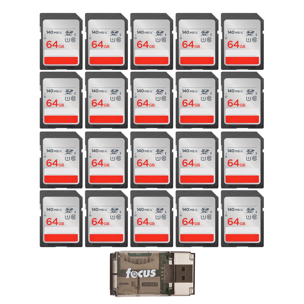 SanDisk 64GB 140 MBs Memory Card 20 pack with 2 in 1 USB Memory Card Reader