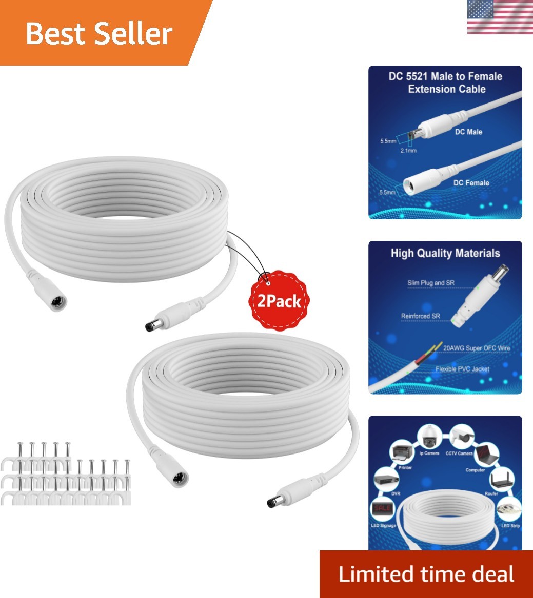 Dual 50 FT DC Power Extension Cables with Clips - Ideal for Security Use
