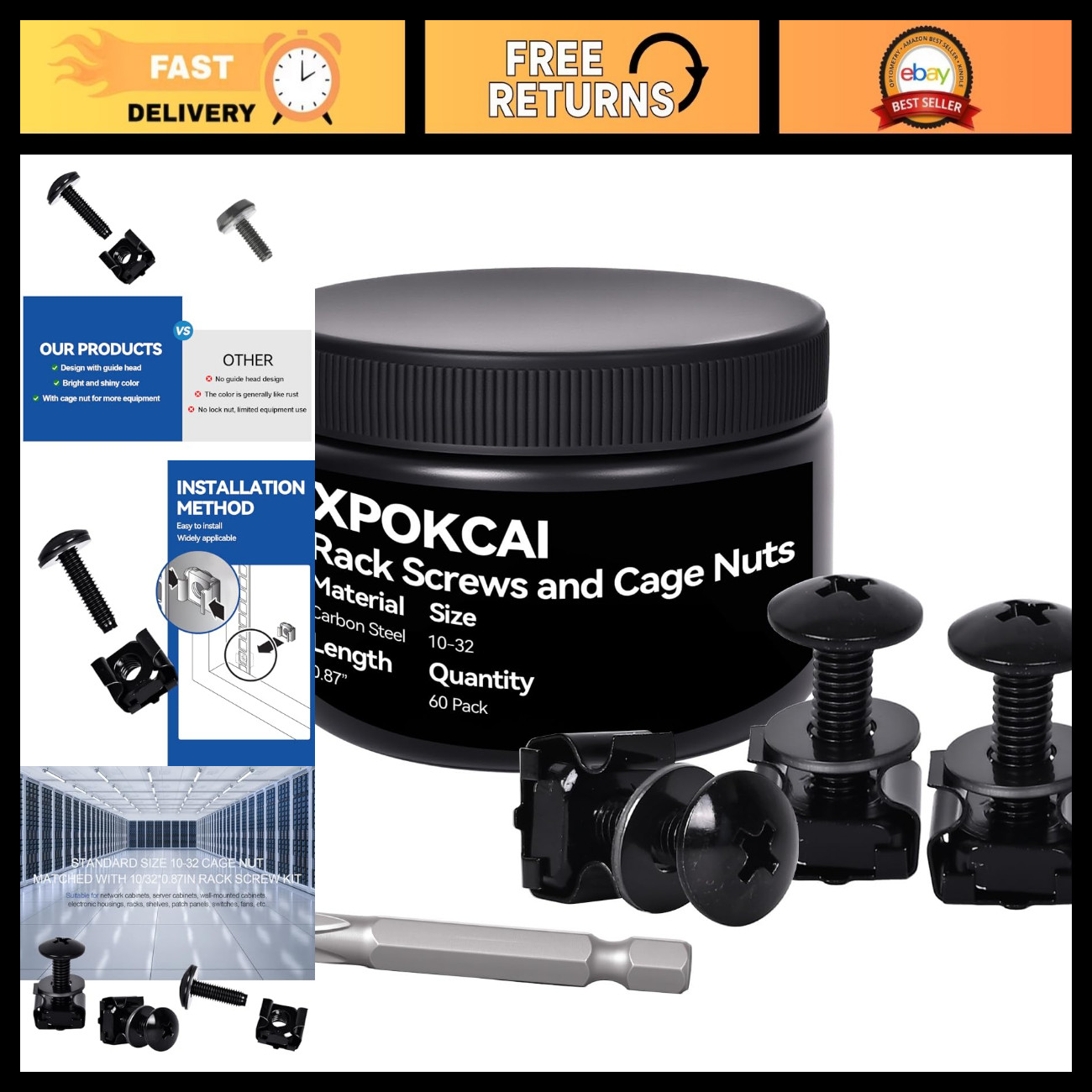 60-Pack Rack Screws & Cage Nuts with Nylon Washers for Secure Mounting