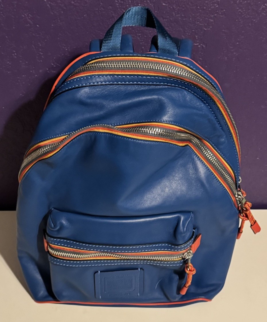 Coach Academy Leather Backpack Blue Varsity Zipper Travel Laptop New Rare $595