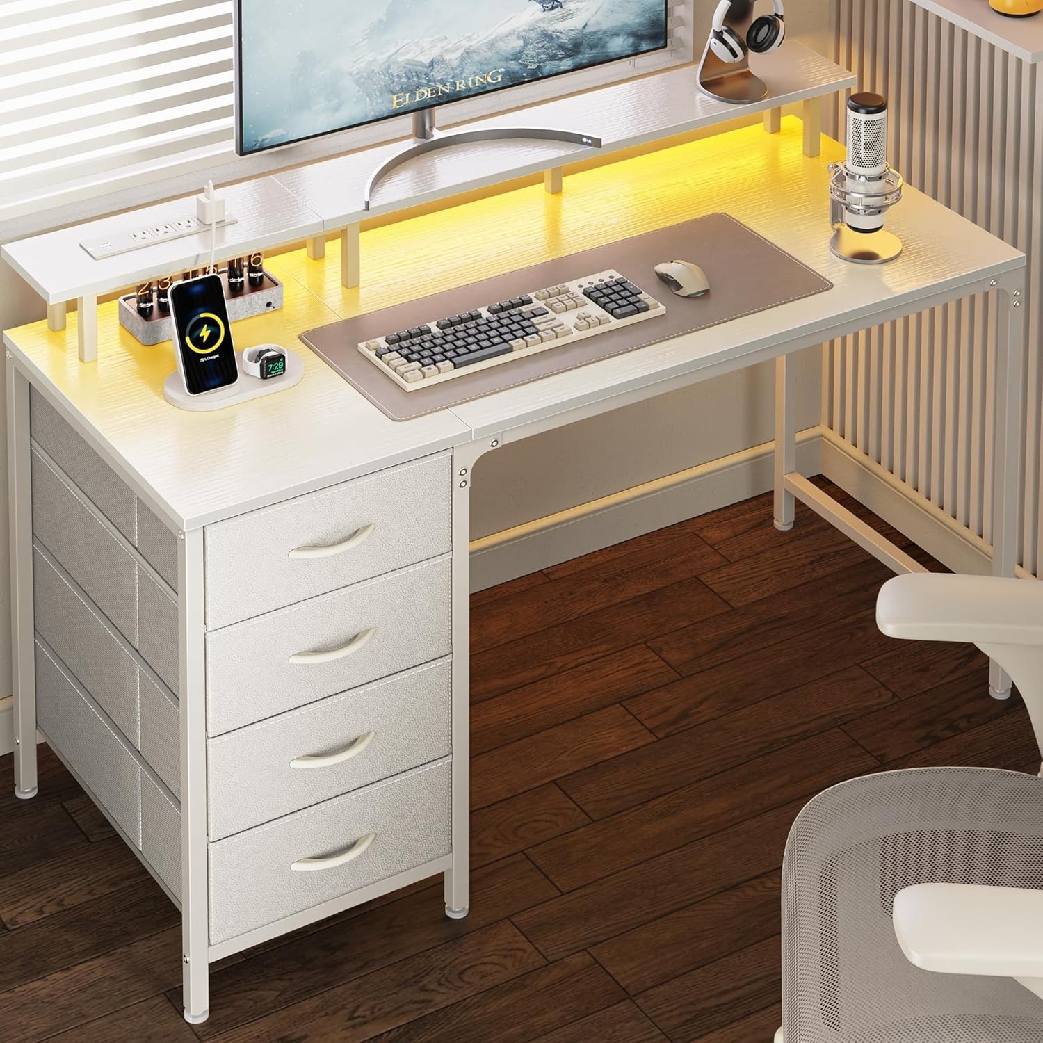 Huuger 47  Gaming Desk w/ LED, Outlets, 4 Drawers & Monitor Stand – Black