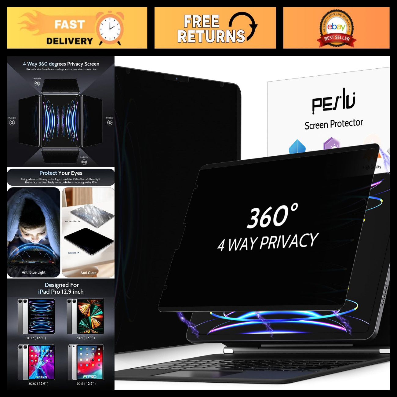 4-Way Magnetic Privacy Screen Protector for iPad Pro 12.9" - Anti-Glare, HD Clar