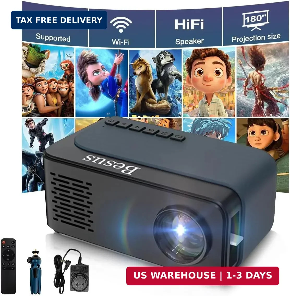 Mini Projector, HD 1080P WiFi Video Projector, Portable Outdoor Projector with T