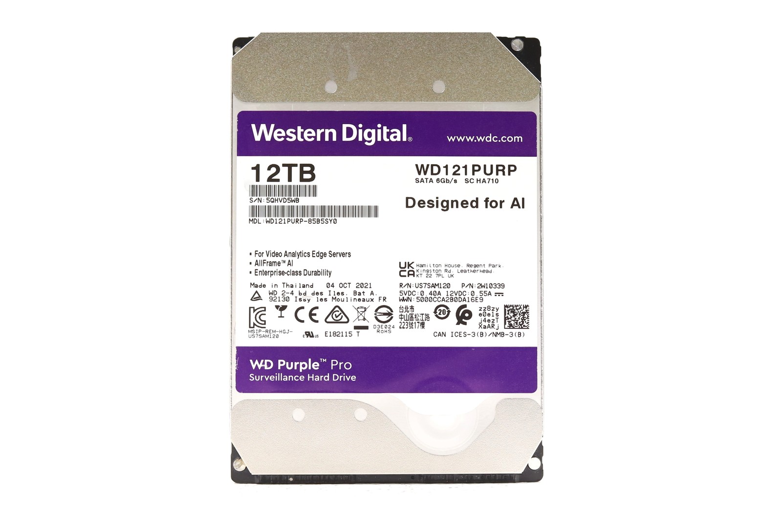 WD WD121PURP-85B5SY0 12TB 3.5" 6Gb/s 256MB 7.2K RPM SATA HDD P/N: WD121PURP