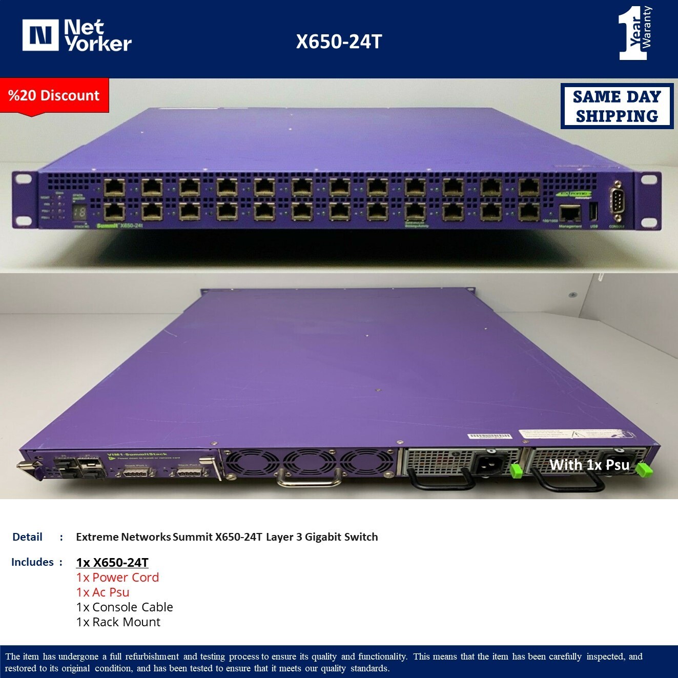 Extreme Networks Summit X650-24T  Layer 3 Gigabit Switch  - Same Day Shipping