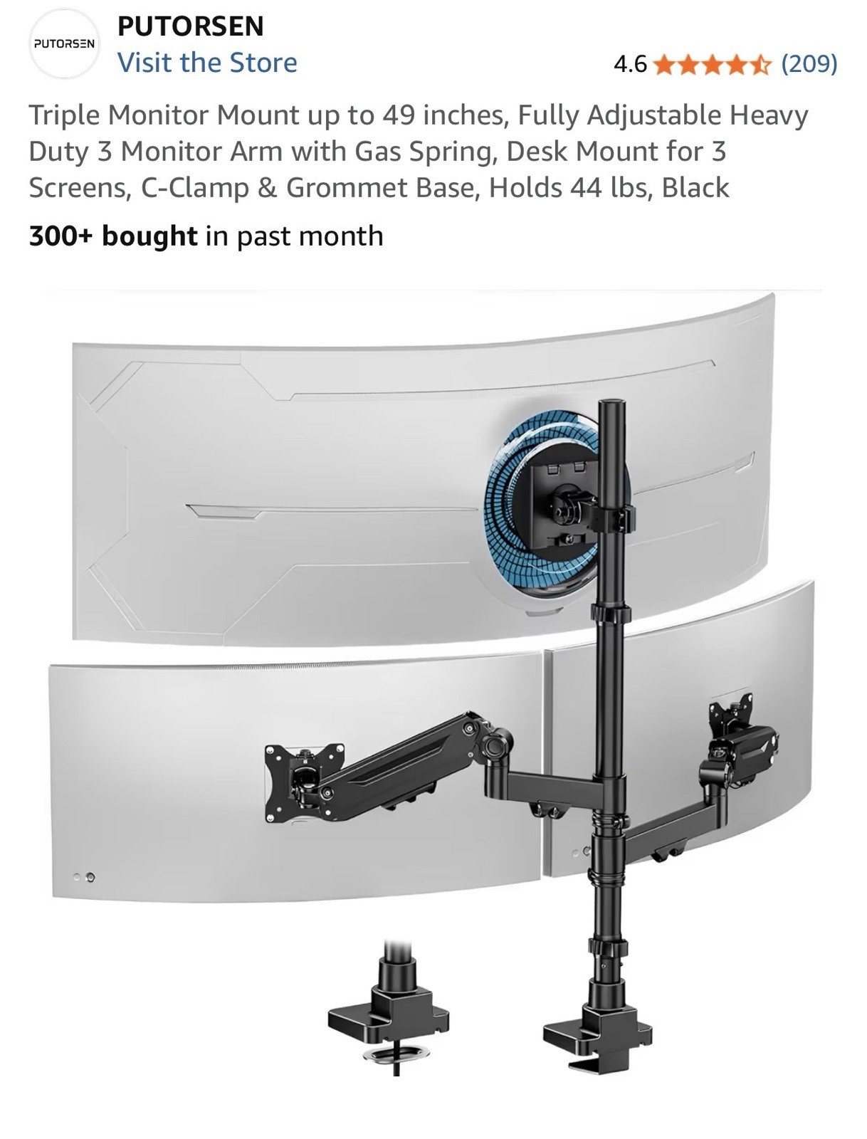 PUTORSEN Triple Desk Mount Gas Spring Arm Tilt/Rotate 17-49in VESA Black