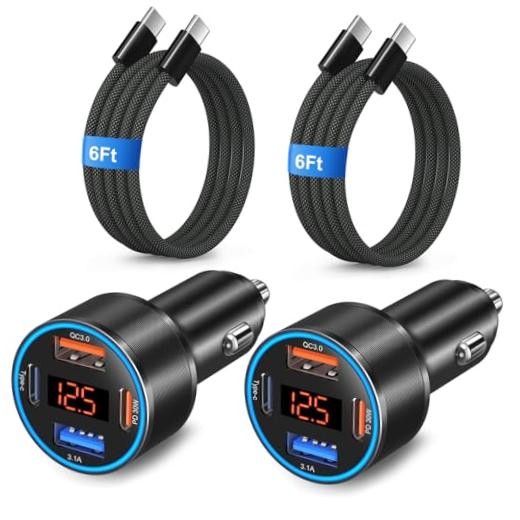 Car Charger USB C Fast Charge, 2 Pack 65W 4-Port Dual 12V USB-C & 2-Pack Black