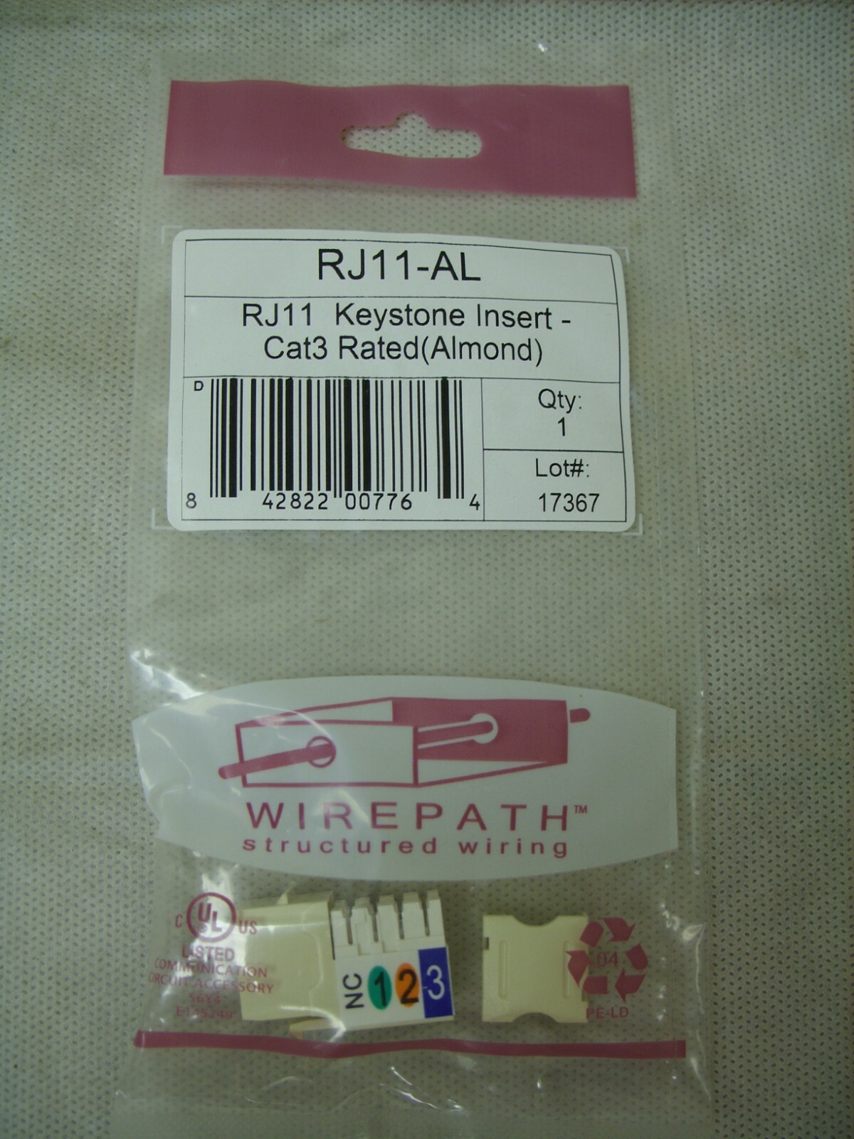 NEW Wirepath RJ11 Cat3 Rated Keystone Insert Jack - Almond - RJ11-AL