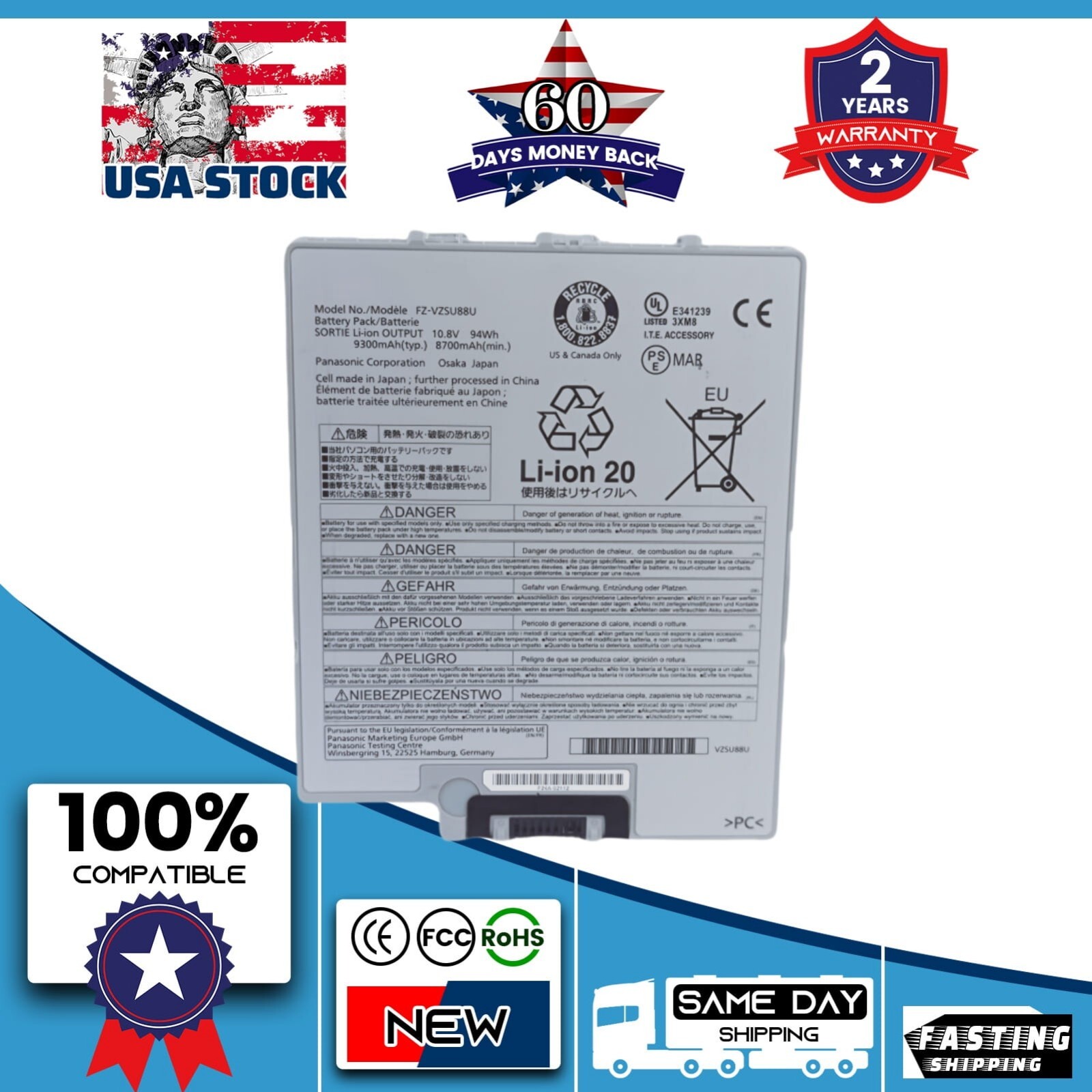 New FZ-VZSU88U 9 Cell 9300 mAh Lithium-Ion Battery for Panasonic Toughpad FZ-G1