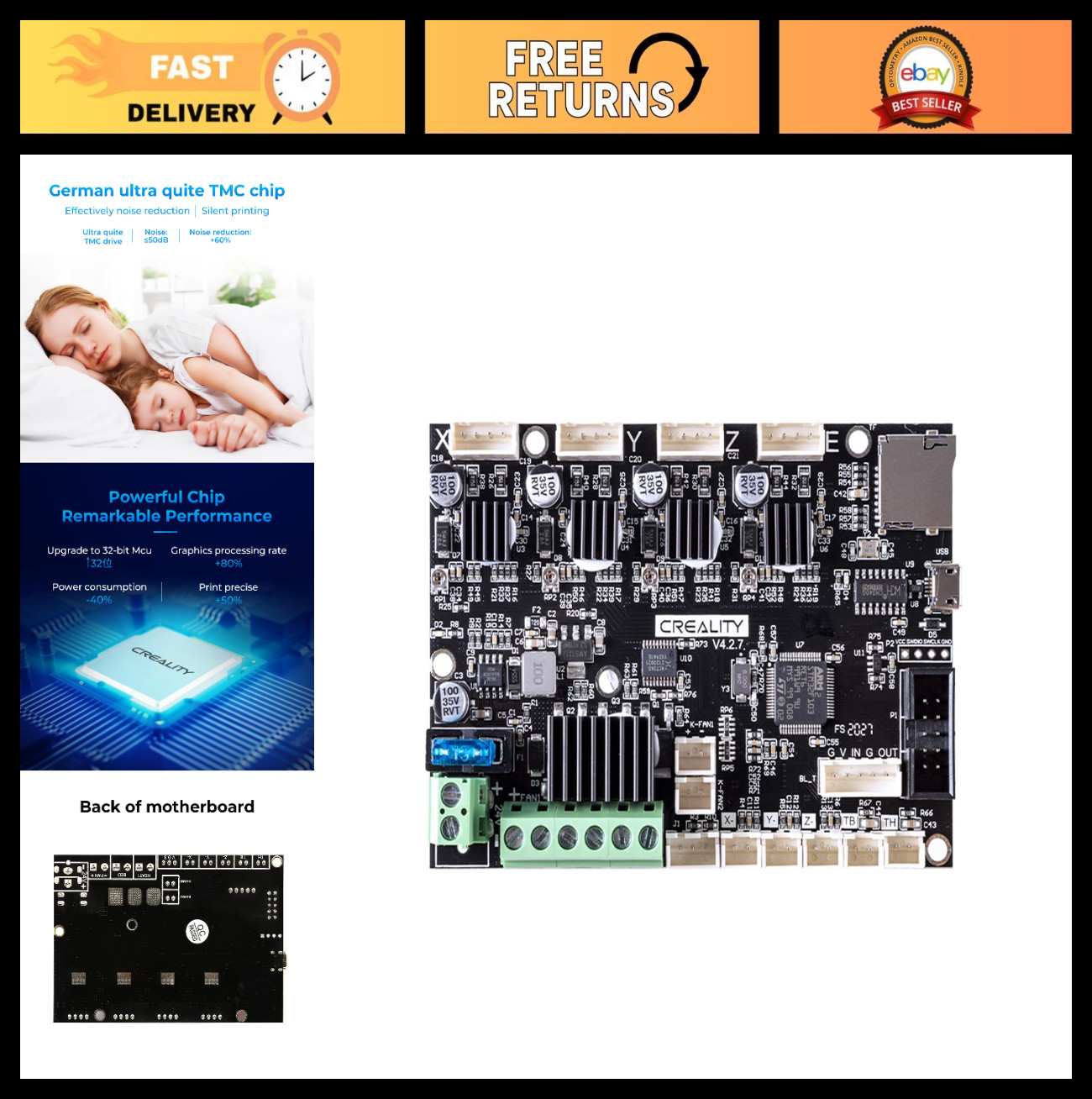 High-Performance 32 Bit Silent Motherboard for 3D Printer, Noiseless V4.2.7 TMC2