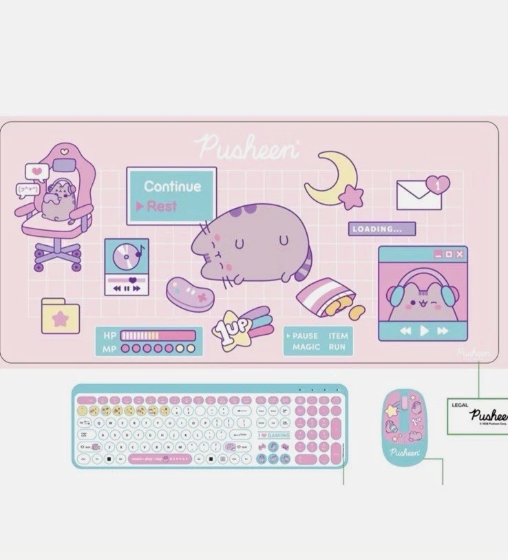 Pusheen Gaming Mega Set - 3 Piece Keyboard, Mouse, & Desk Mat Combo- Brand New