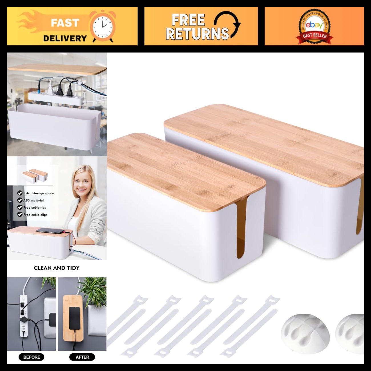 2Pack Wooden Cable Management Box - Cord Organizer & Hide Box for Clutter-Free S