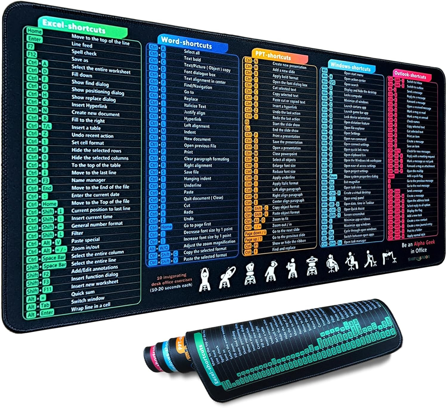 Windows/Word/Ppt/Classic Outlook/Excel Shortcuts Mouse Pad, 27.4X11.8In | MS