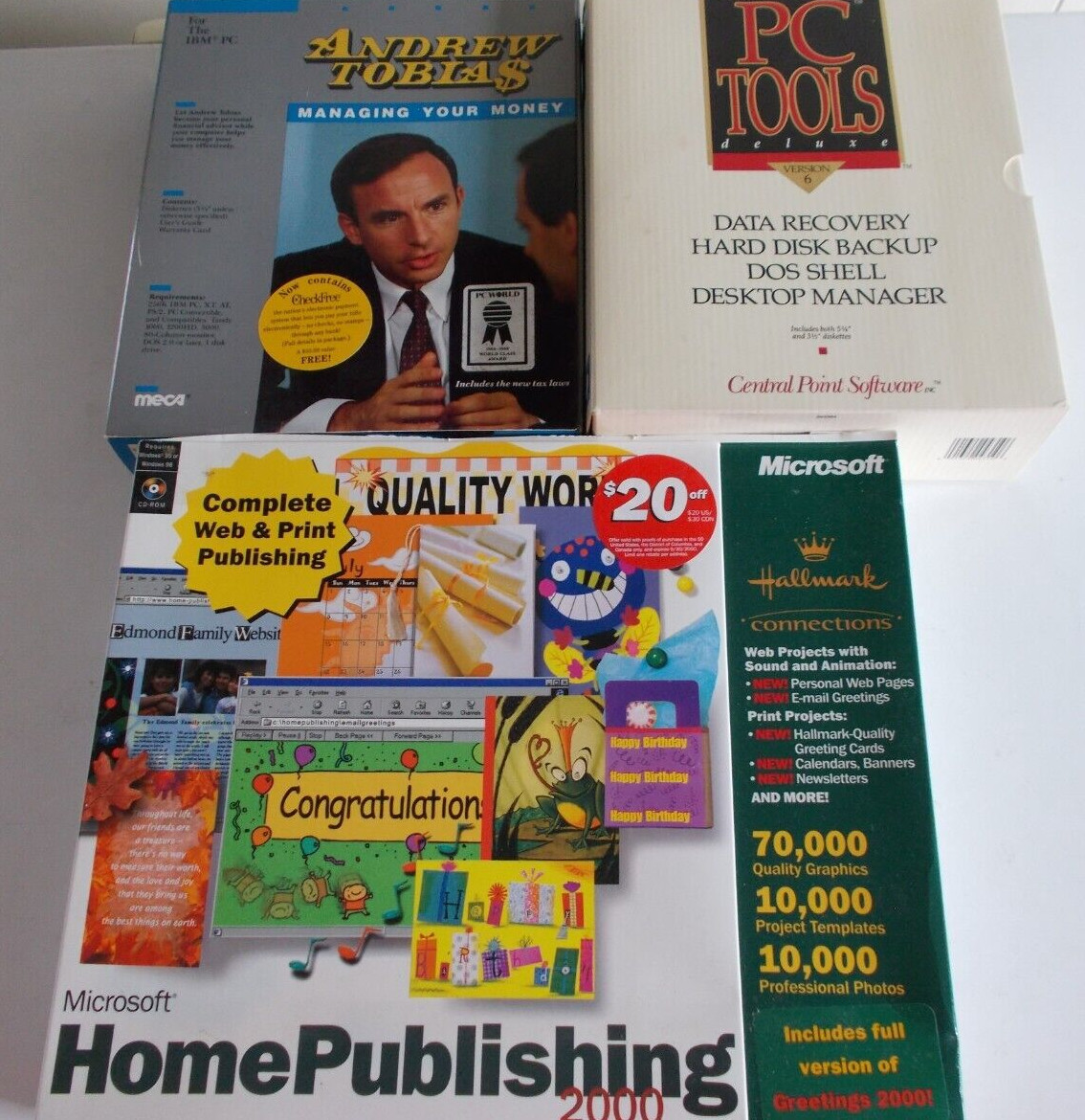 Lot of 3 IBM PC Software Microsoft Home Publishing 2000, Andrew Tobia$, PC Tools