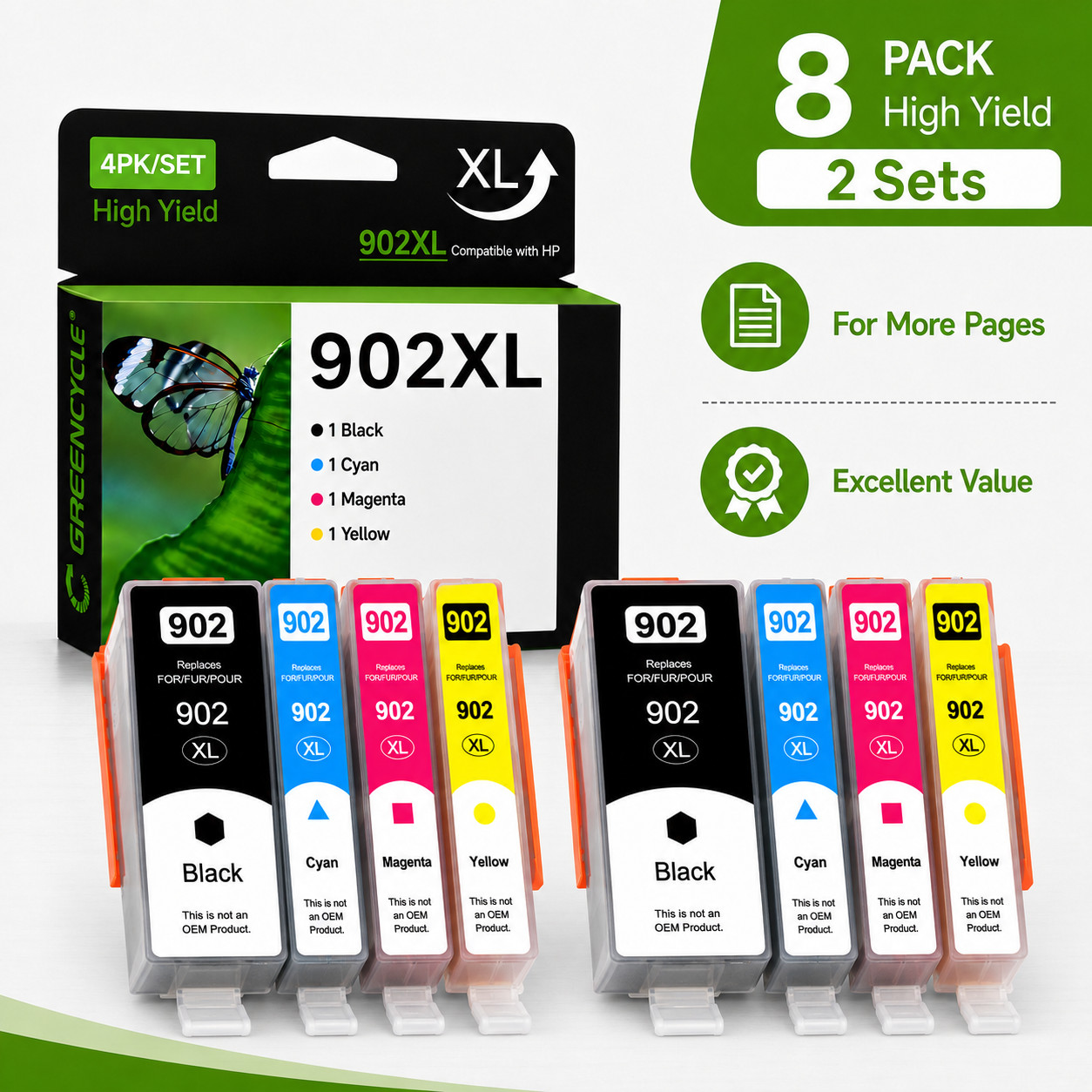 2-Pack 902 XL Color Ink Cartridges with Chip for HP 6978 6968 6975 6970