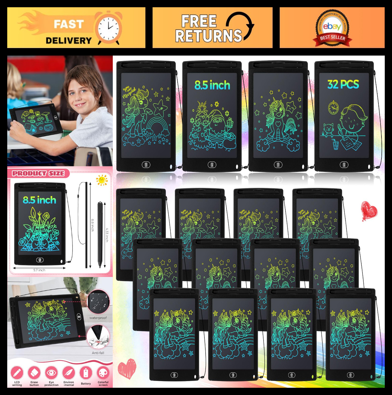 32 Pcs LCD Writing Tablet 8.5" Colorful Doodle Board Erasable Educational Toy Gi