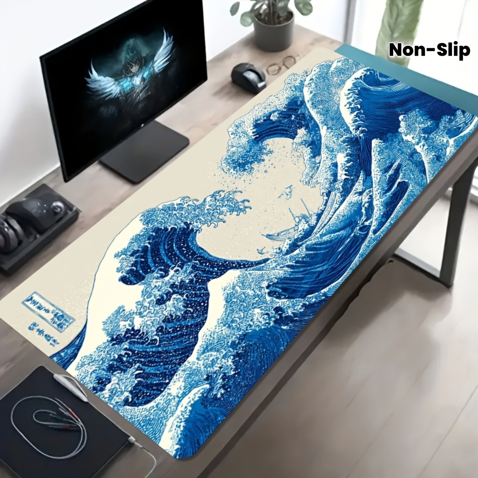A Large Gaming Mouse Pad Featuring a Blue Wave Ukiyo-E Design, with a Non-Slip