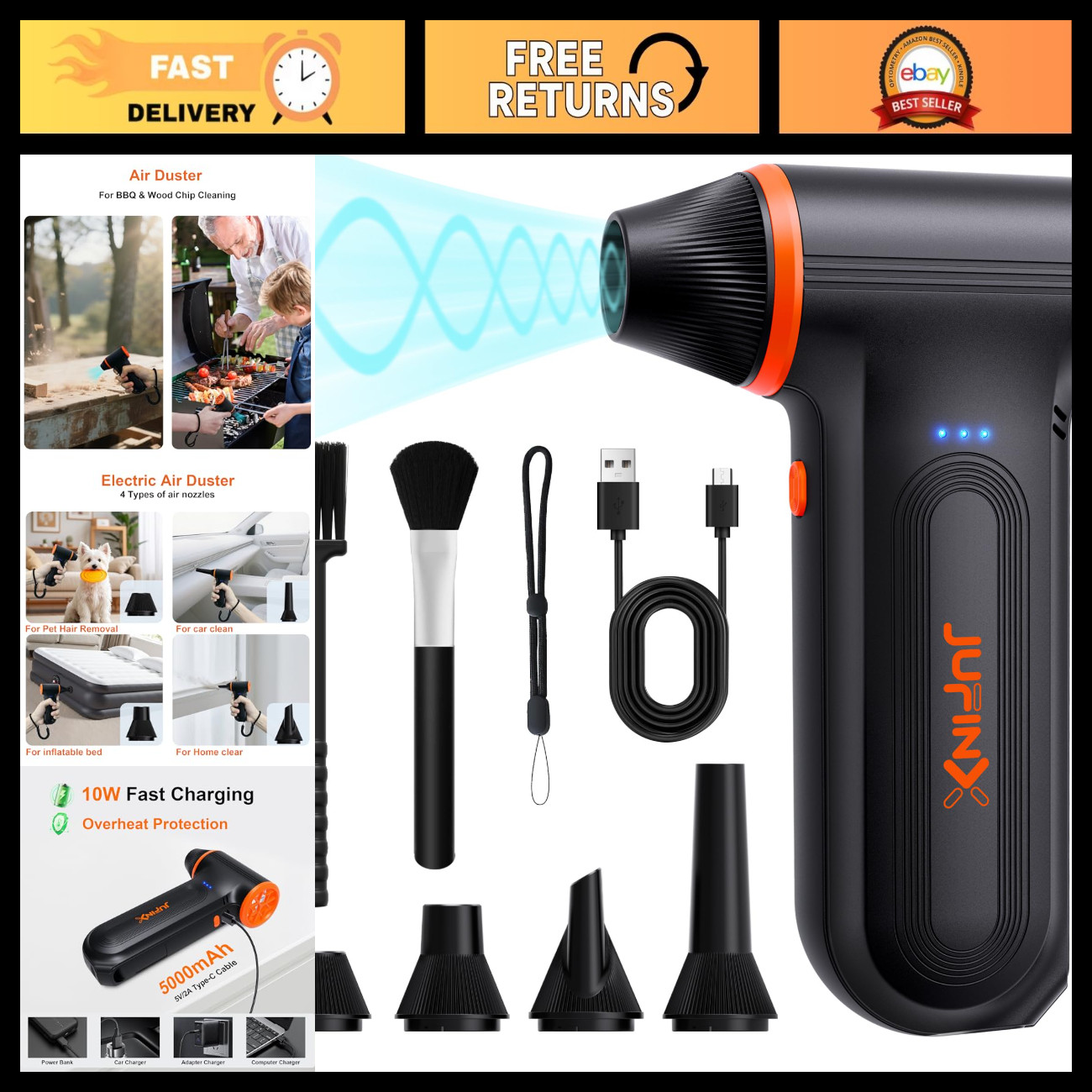 High-Power Compressed Air Duster, 150000RPM, 3-Speed Adjustable Blower
