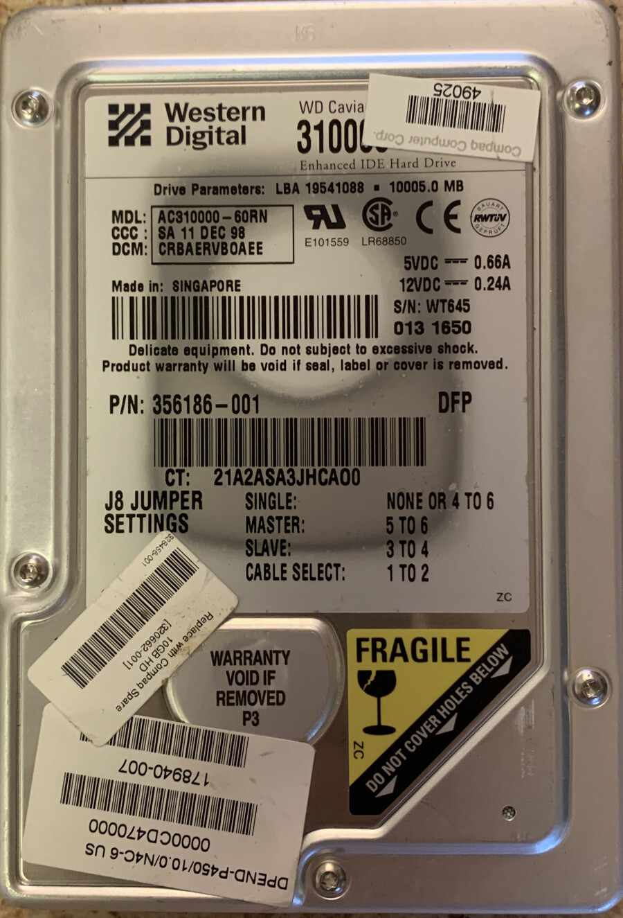 AC310000-60RN WESTERN DIGITAL WD COMPAQ HEWLETT PACKARD HP 10GB 3.5IN