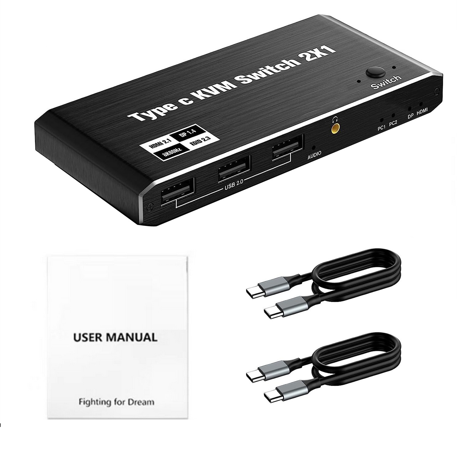 8K 2x1 2 In 1 Out USB C KVM Switch Switcher  4 USB  Port For 2 Laptop 1 Monitor
