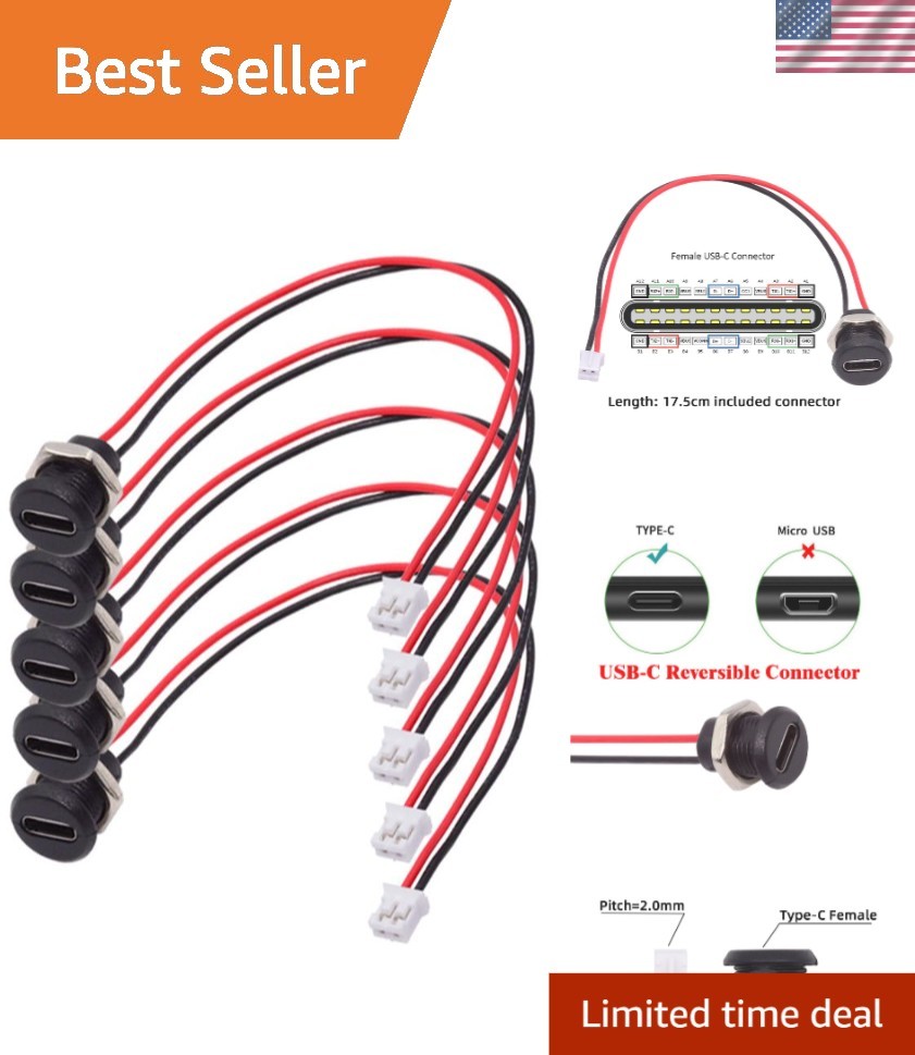 High-Speed 5pcs Type C Female Socket to 2Pin Header Extension Cables 480Mbps