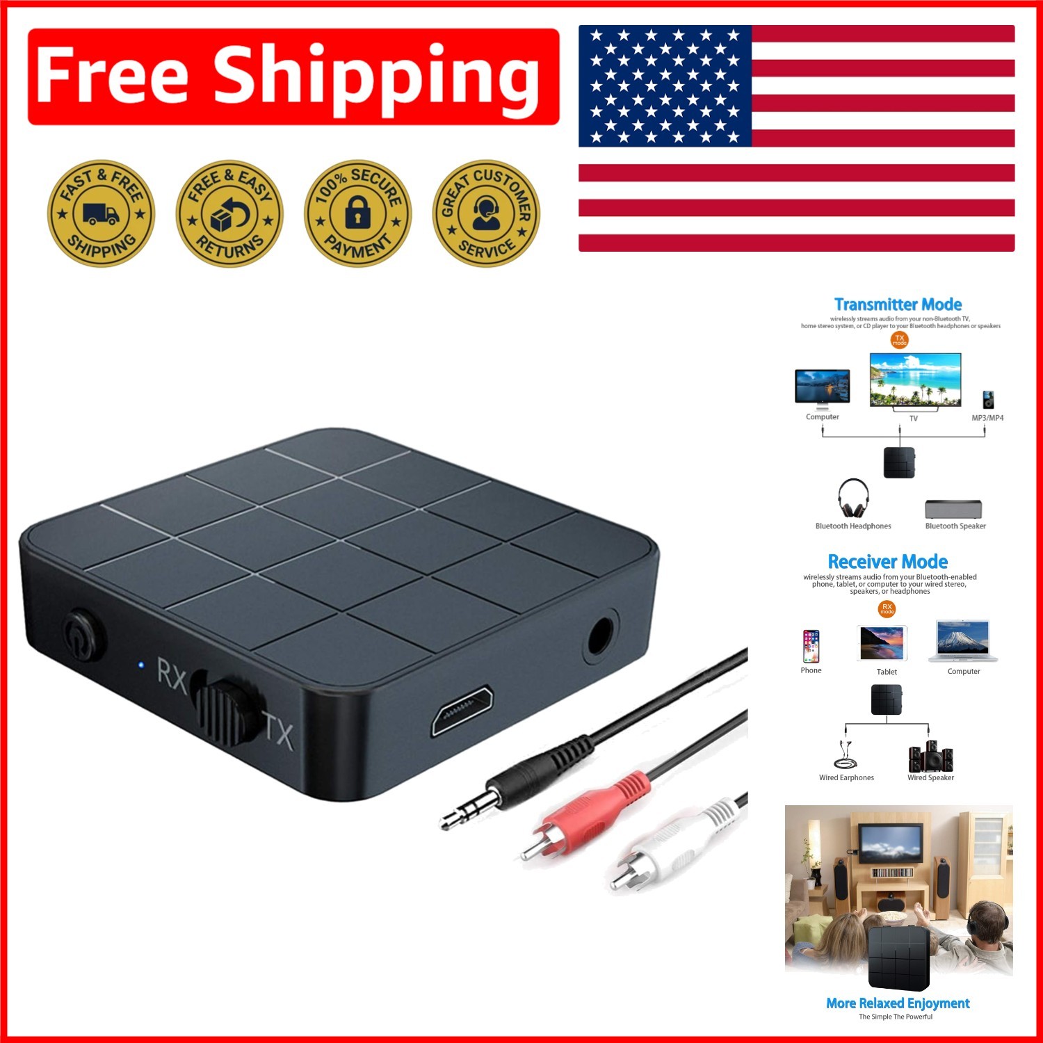 Compact Bluetooth 5.0 Audio Transmitter/Receiver - aptX, Low Latency & Wireless